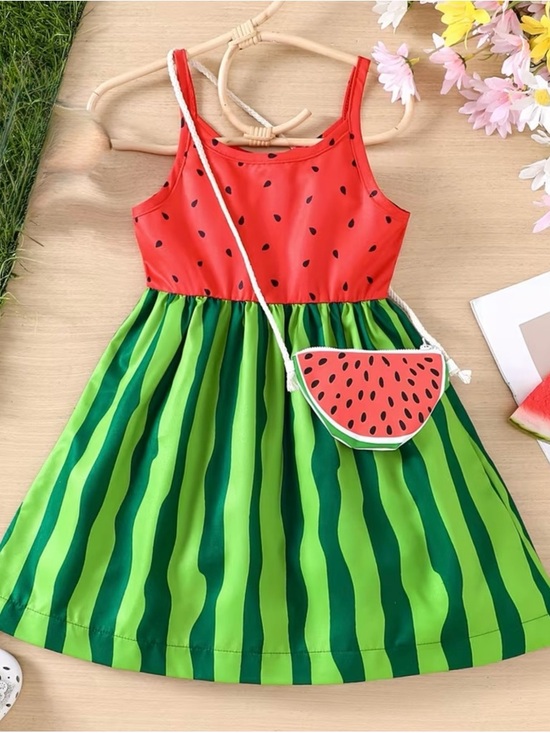 Other - Watermelon Print Red & Green Girls' Summer Dress with Matching Purse